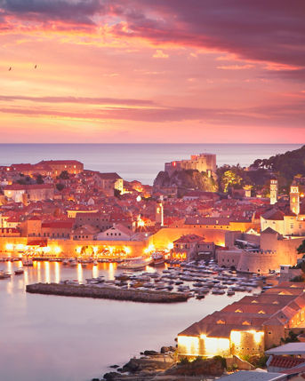 Aerial view of croatian town Dubrovnik by sunset