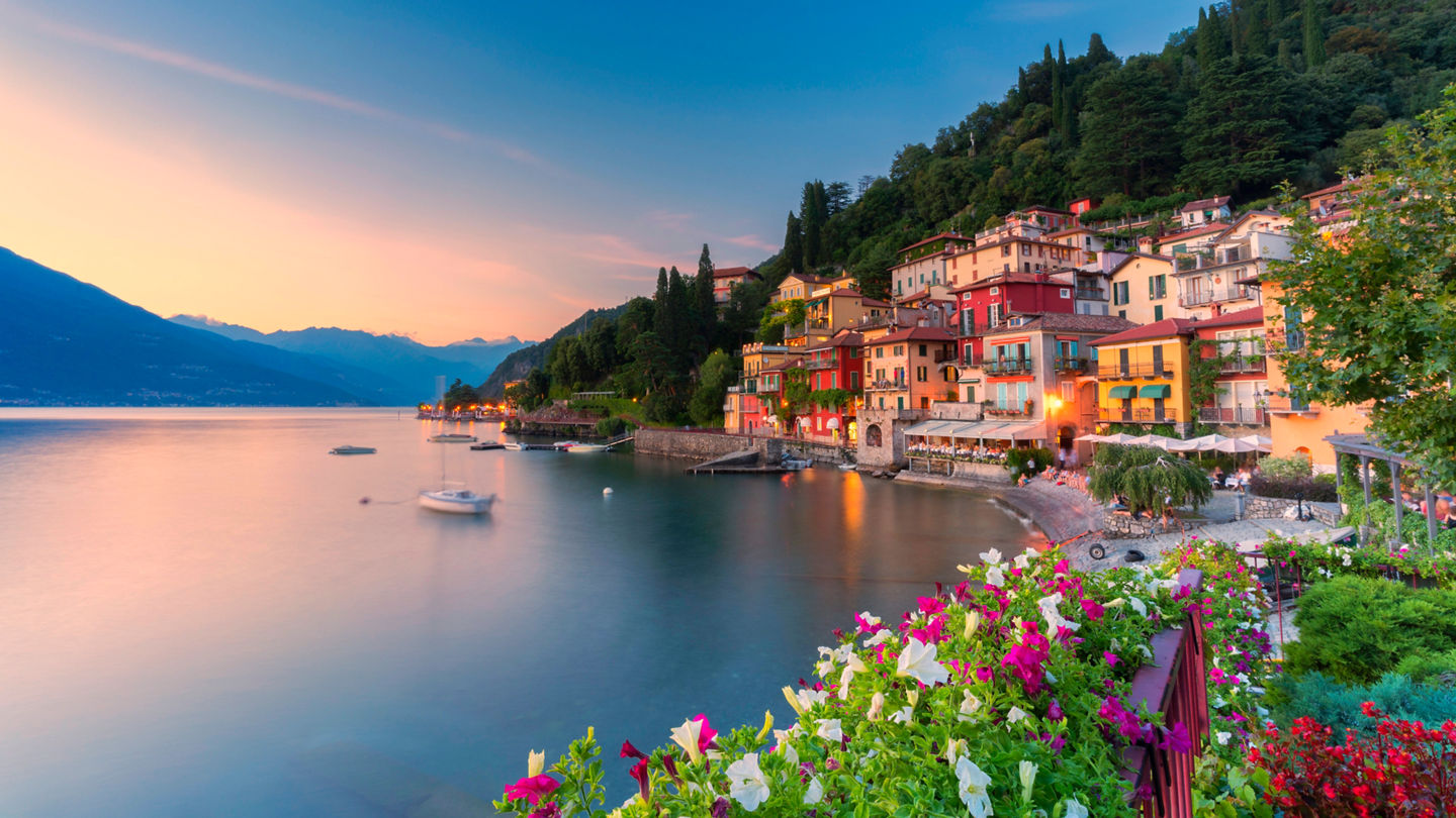 Sunset over the traditional village of Varenna on shore of Lake Como, Lecco province, Lombardy, Italy