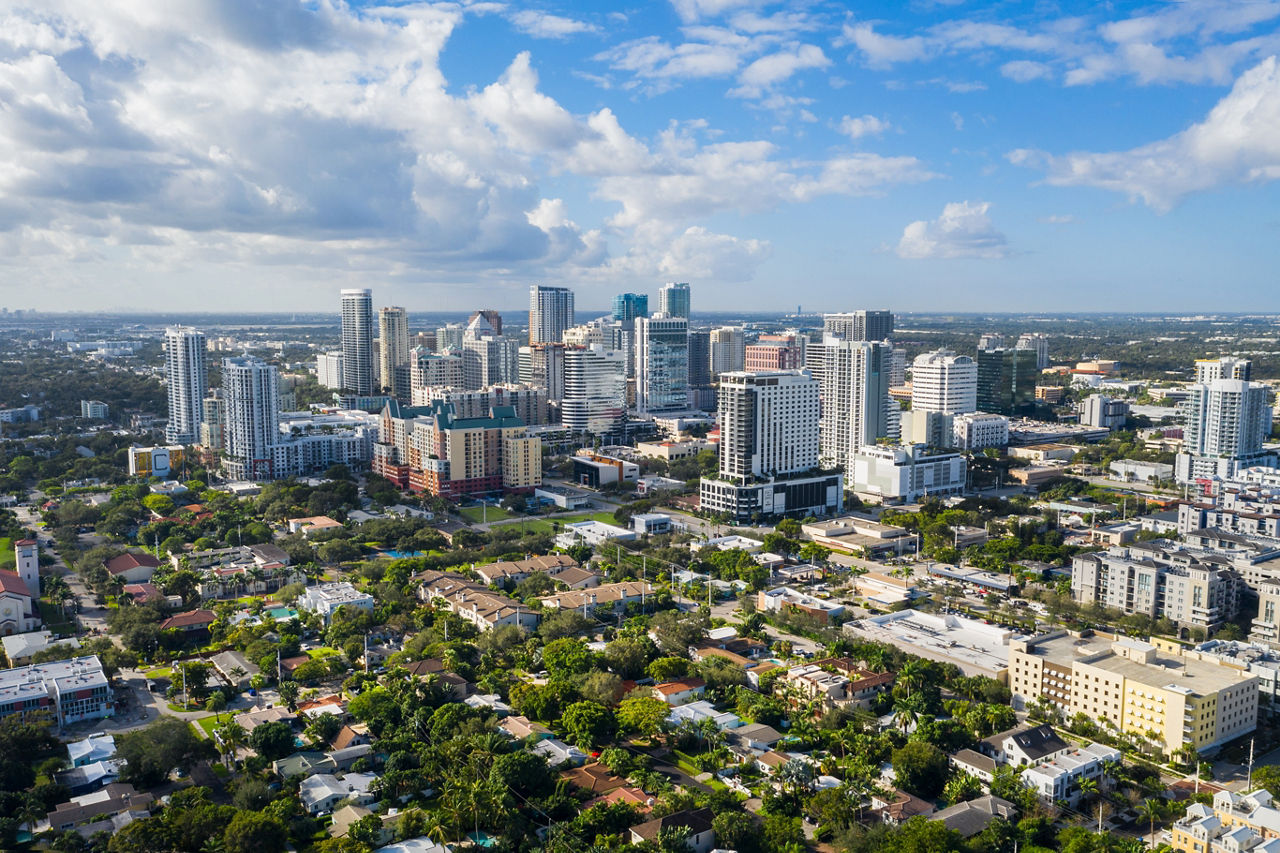 429 NE 8th Ave, Fort Lauderdale, Aerial Drone Views of Miami urban area and neighborhoods, skyline and ocean with blue sky